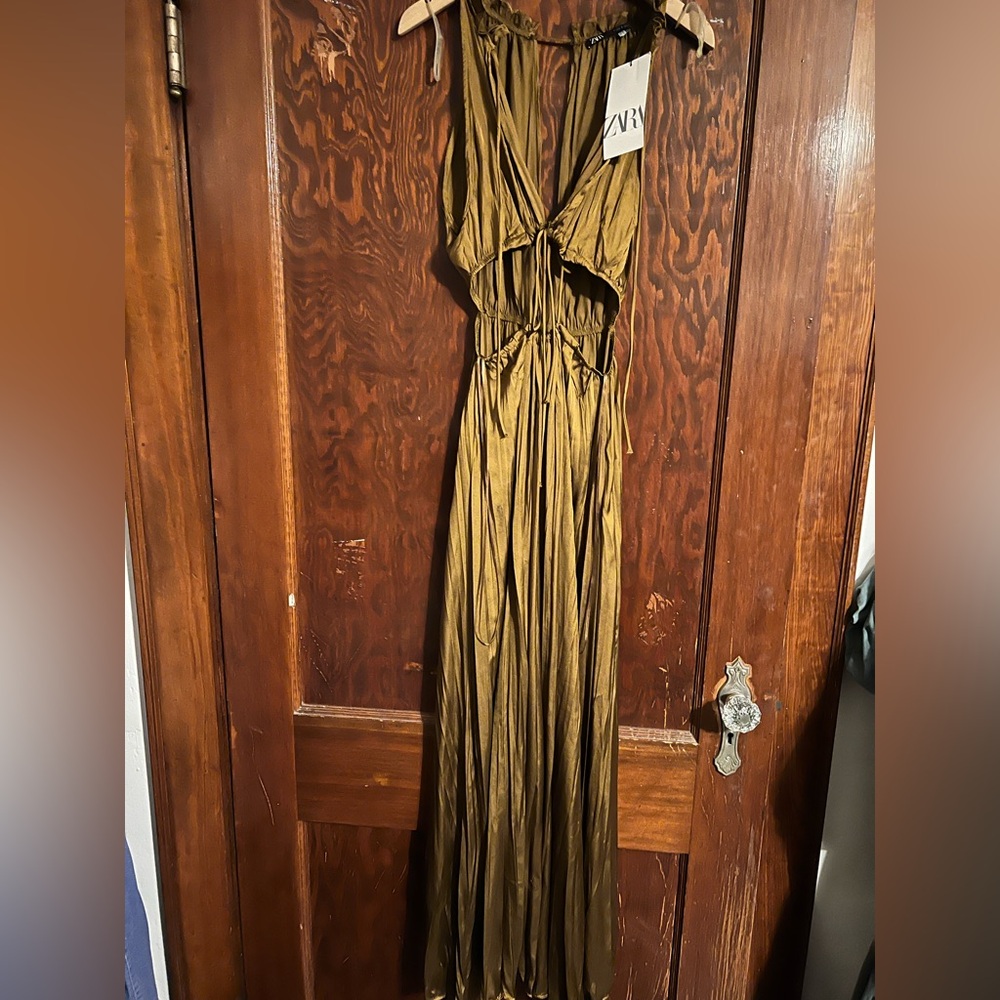 NWT $50 Zara Goddess Golden Brown Strappy Satin Maxi Dress